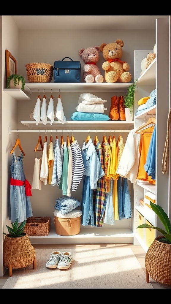 A well-organized kids closet showcasing clothes, toys, and storage solutions.
