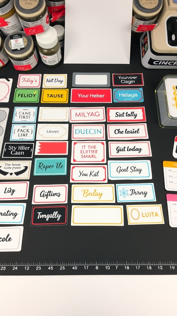 A variety of customizable craft labels in colorful designs and text styles, arranged on a table.