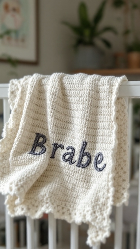 Cream-colored crochet baby blanket with the name 'Brabe' stitched on it, draped over a crib.