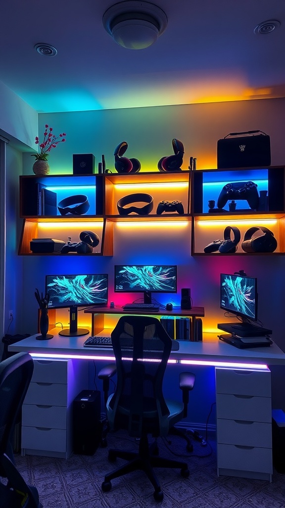A modern gaming setup with customizable LED lighting showcasing vibrant colors around a desk and shelves.
