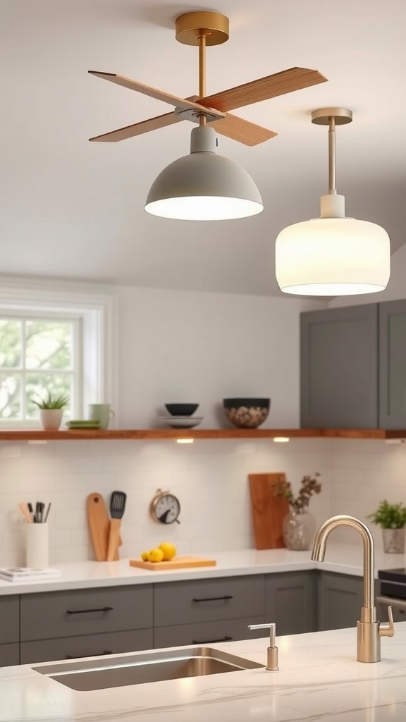 Two customizable lighting fixtures in a modern Japandi kitchen.