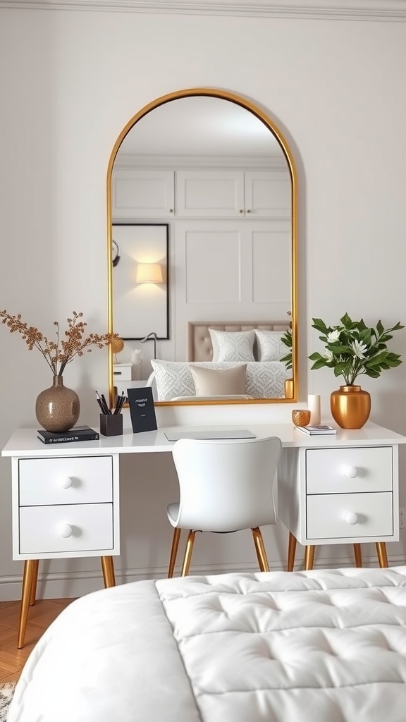 A stylish bedroom setup featuring a white desk with a golden framed mirror, decorative plants, and a cozy bed.