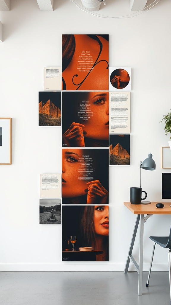 An arrangement of modular art pieces on a wall, featuring a mix of photography and text in various colors, with a desk and lamp in the foreground.