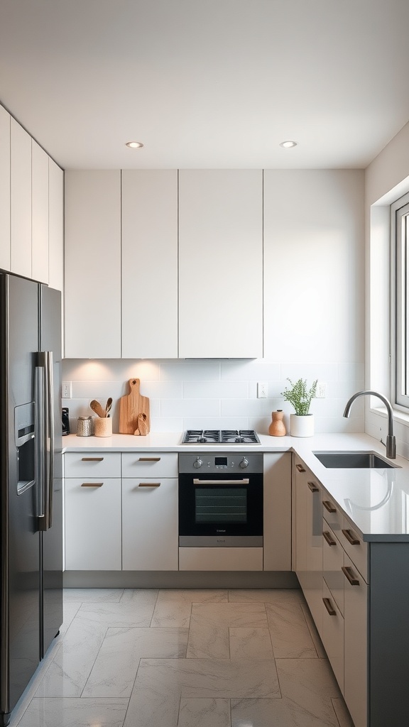 A modern minimalist kitchen with white cabinets, a gas stove, and a sleek sink.
