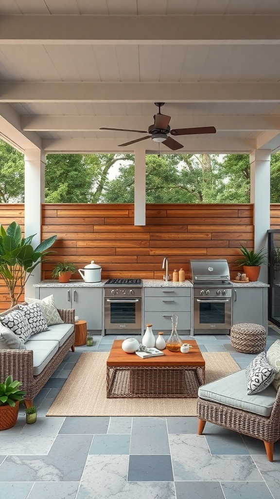 A stylish outdoor kitchen featuring customizable modular units with gray cabinets, stainless steel appliances, and comfortable seating.