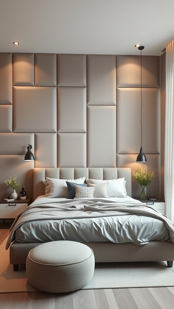 A modern bedroom with customizable modular wall panels, featuring a padded headboard and warm lighting.