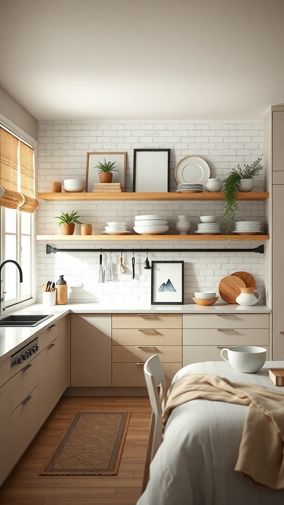Modern kitchen with open shelving, featuring wooden shelves, white brick wall, and decorative items.