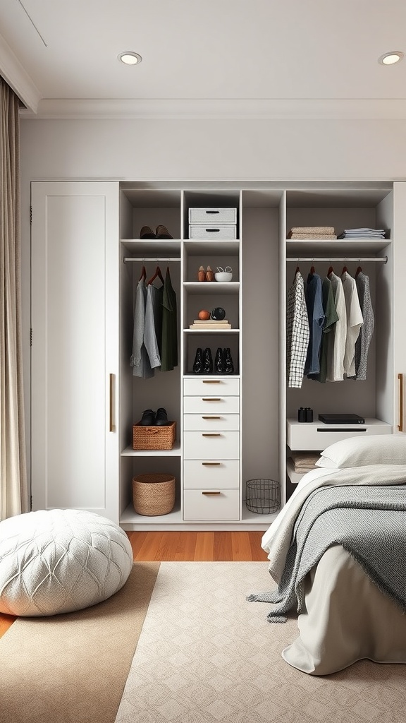 A modern customizable open wardrobe system displayed in a bedroom, featuring hanging clothes, shelves, and drawers.