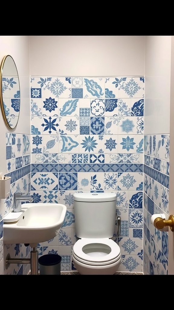 Small bathroom featuring blue and white customizable peel and stick tiles on the walls.