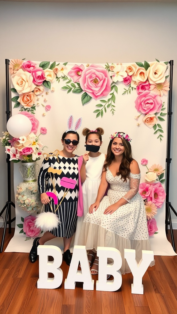 Three women posing in front of a floral backdrop at a baby shower photo booth