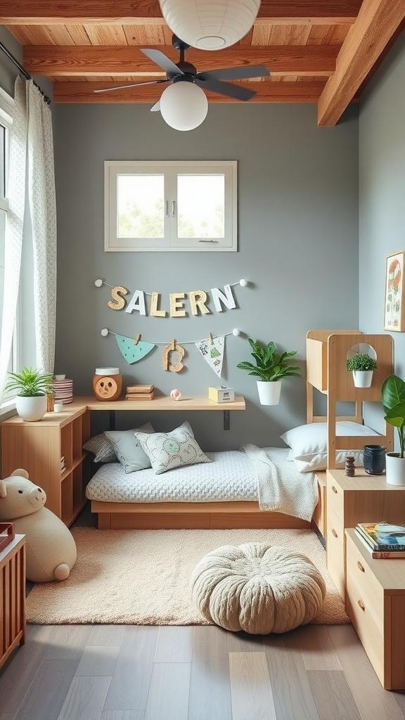 A cozy kids bedroom with a bed, playful decorations, and a soft rug, creating a customizable play space.