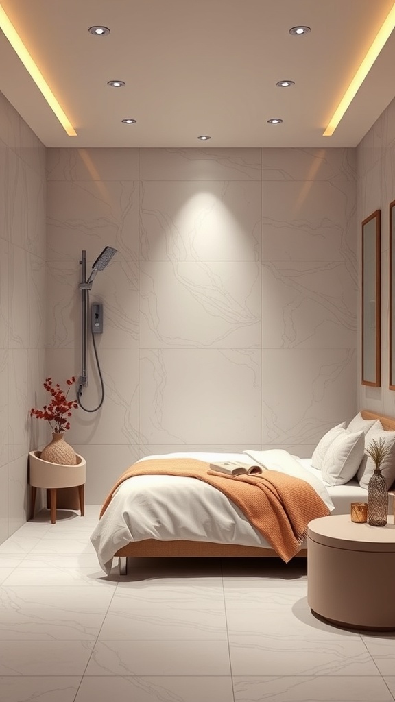 Modern bathroom with a customizable shower experience featuring elegant design and soothing lighting.