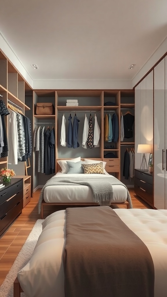 A stylish walk-in wardrobe with wooden shelves, hanging clothes, and a cozy lamp.