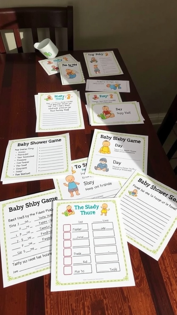 A collection of customized baby shower game sheets laid out on a table, featuring colorful designs and playful themes.