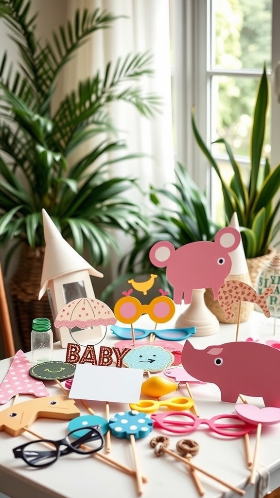 A collection of colorful baby shower photo booth props on a table, including animal shapes, glasses, and a sign saying 'BABY'.
