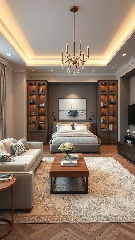 A cozy living room with customized built-in shelves, a comfortable sofa, and a stylish coffee table.