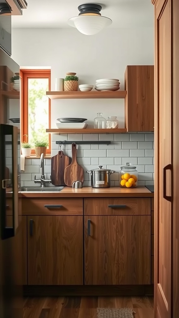 A small kitchen with wooden cabinets and open shelves, featuring a sink and cooking utensils.