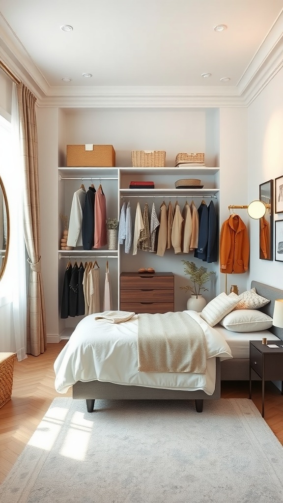 A well-organized small bedroom with a customized closet solution featuring hanging clothes, shelves, and a bed.