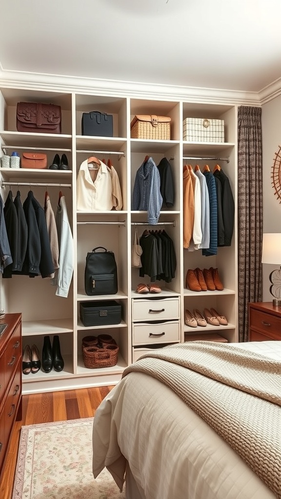 A well-organized customized closet system with hanging clothes, shelves, and storage baskets.