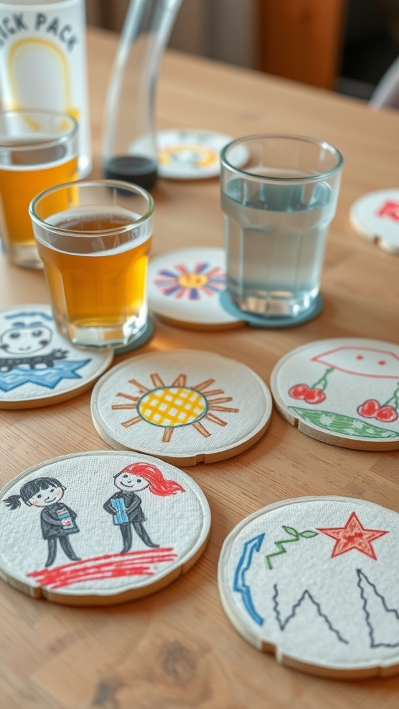Colorful coasters with kids' artwork displayed on a wooden table next to drinks.