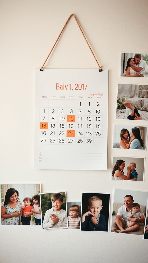 A customized family calendar with a highlighted date and family photos displayed around it.