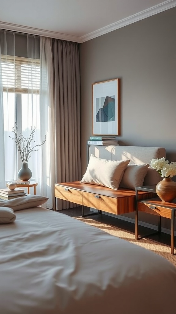 A cozy bedroom featuring customized floating nightstands with a wooden finish, showcasing an elegant and functional design.