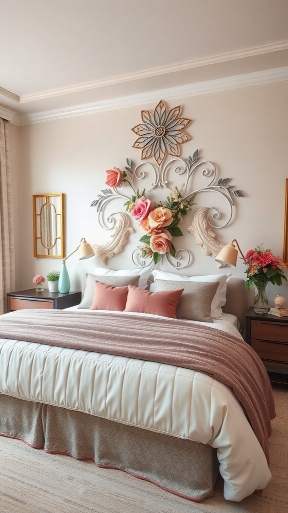 A beautifully designed floral headboard in a cozy bedroom setting.