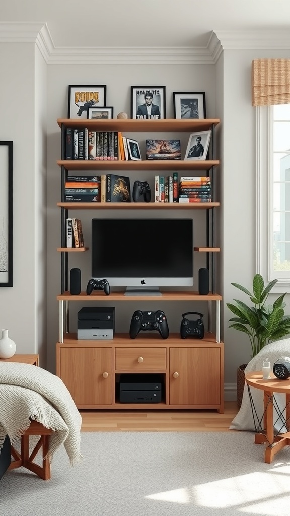 Stylish gaming storage with shelves for books and consoles