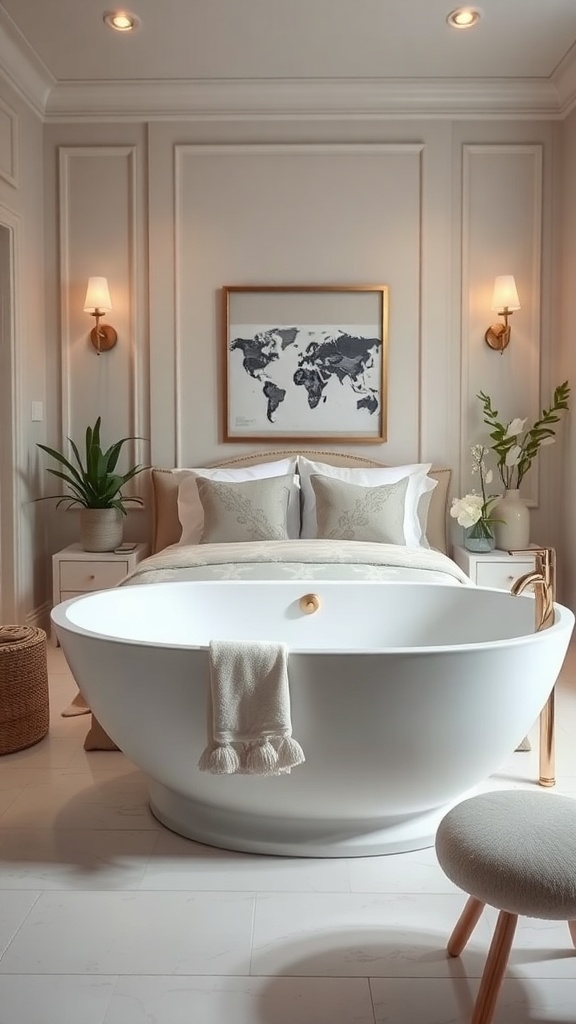 A modern freestanding bathtub in a serene bathroom setting with elegant decor.