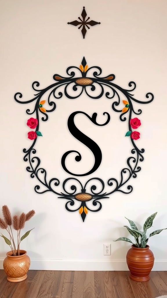 Customized wall art featuring an initial 'S' with floral designs