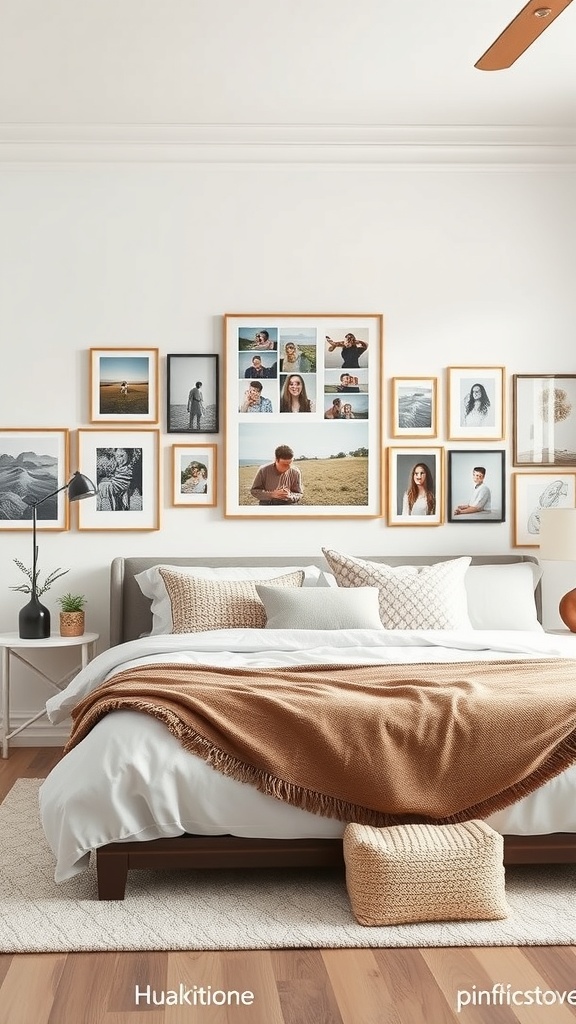 A cozy bedroom with a customized photo collage on the wall, featuring various framed pictures.