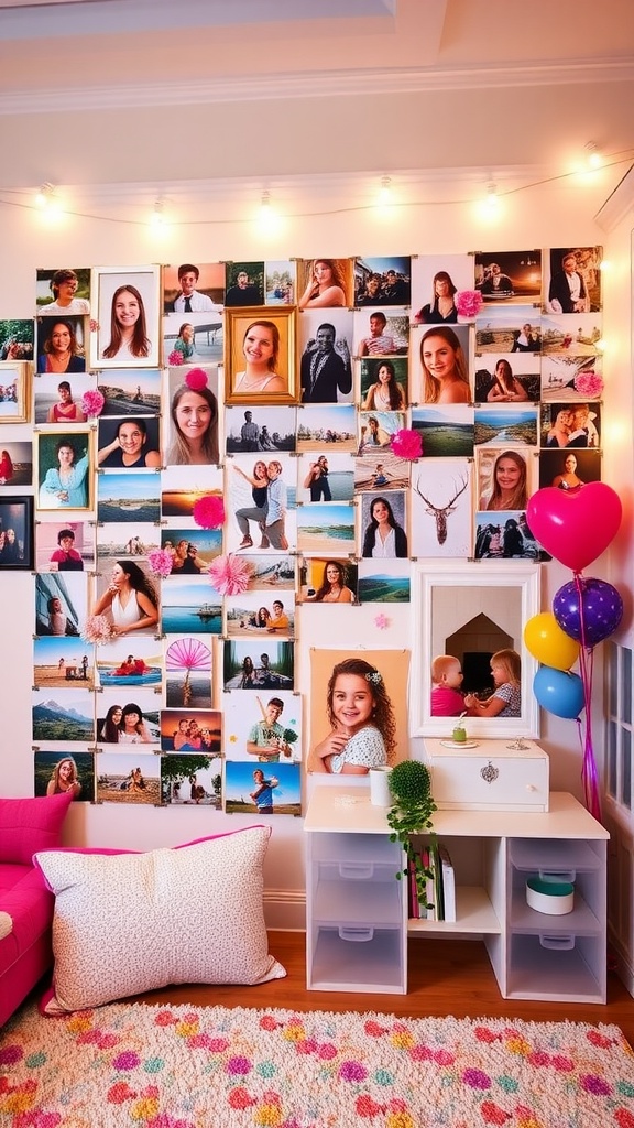 A vibrant photo collage wall decorated with colorful frames and fairy lights, showcasing various personal memories in a girly room.