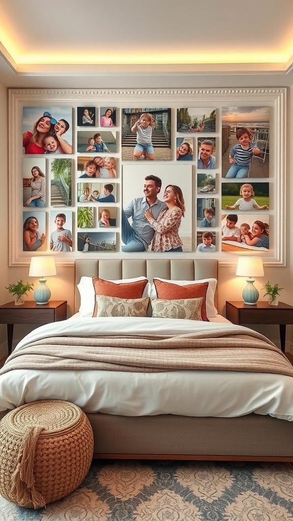 A bedroom featuring a wall of customized photo panels showcasing family memories.