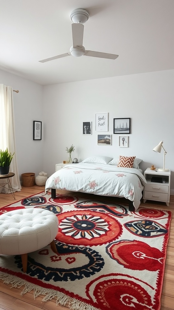 A cozy bedroom with a colorful customized rug featuring bold patterns in red and navy, a white bedspread, and a stylish ottoman.