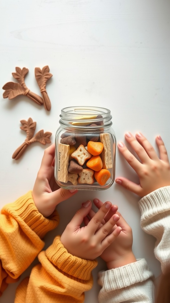 Two children holding a customized snack jar filled with colorful snacks, surrounded by playful elements