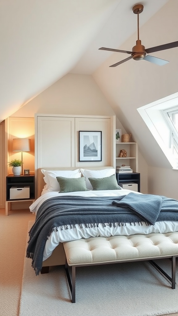 A cozy bedroom with a sloped ceiling, featuring built-in storage, a bed with layered bedding, and a bench for added storage.