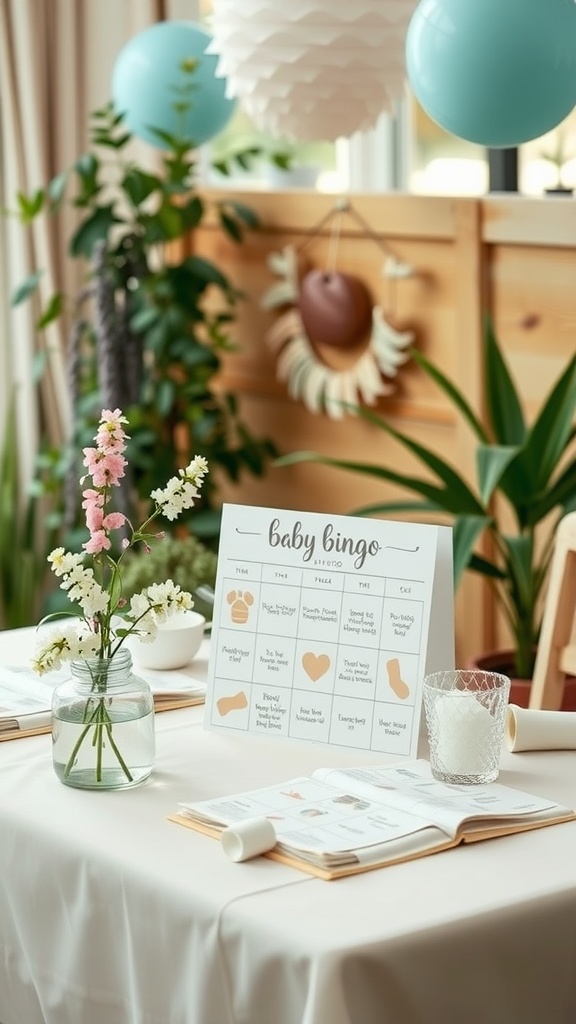 A baby shower table decorated with flowers, a baby bingo game, and colorful balloons.