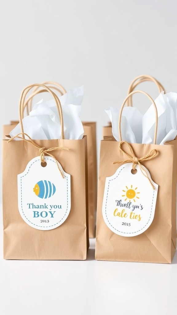 Brown gift bags with customized thank you tags for a baby shower.