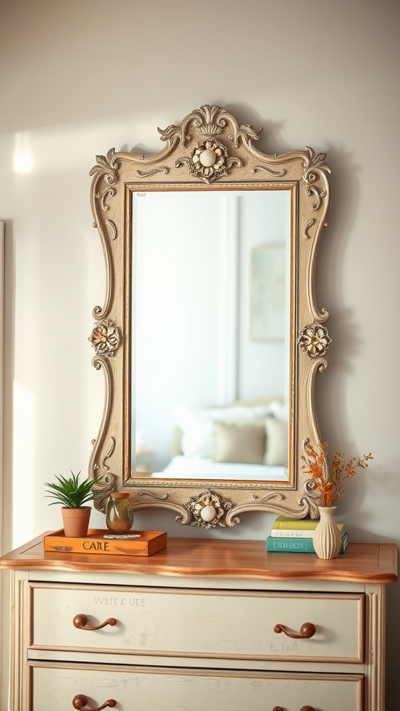 An ornate, vintage-style mirror on a dresser with decorative plants and books.