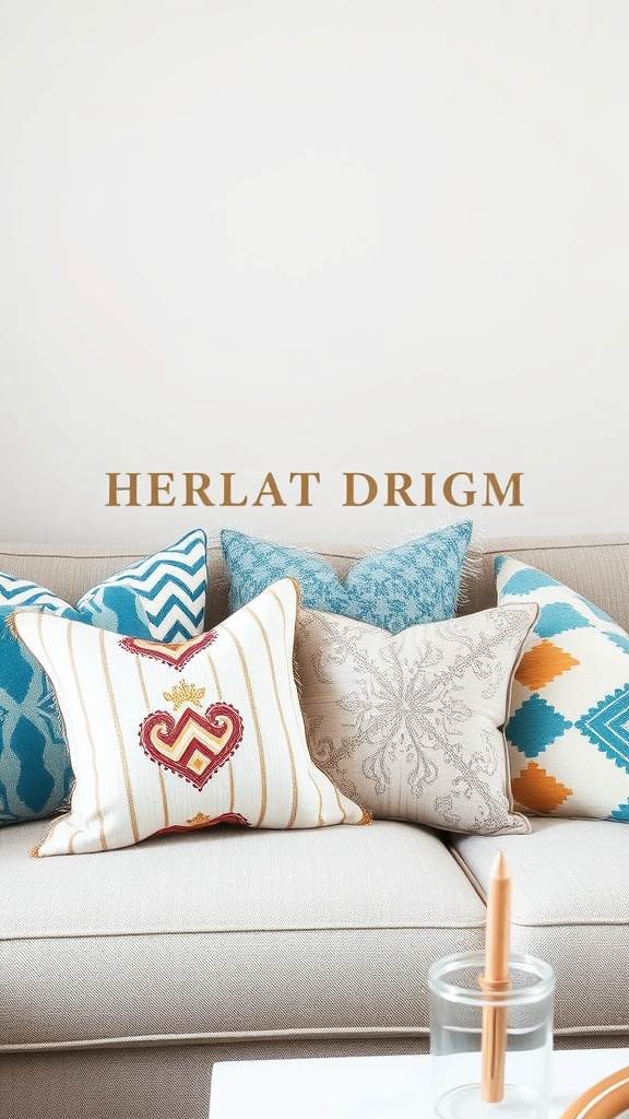 A cozy couch with a variety of colorful throw pillows in different patterns and textures.