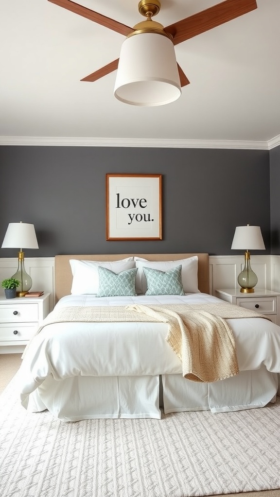 A bedroom with customized wainscoting, featuring a cozy bed, decorative pillows, and modern lighting.