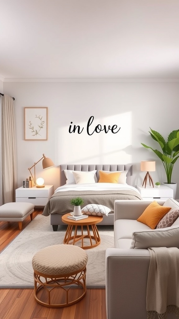 Cozy bedroom with a wall decal that says 'in love'