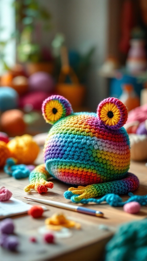 A colorful crocheted frog hat with vibrant rainbow stripes and big yellow eyes.
