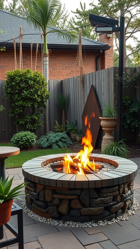 A cozy backyard fire pit with a stone base and a ring of concrete bricks, surrounded by lush greenery.