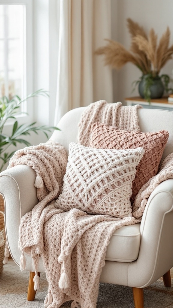 Cozy crochet pillow covers in soft colors on a chair with a blanket