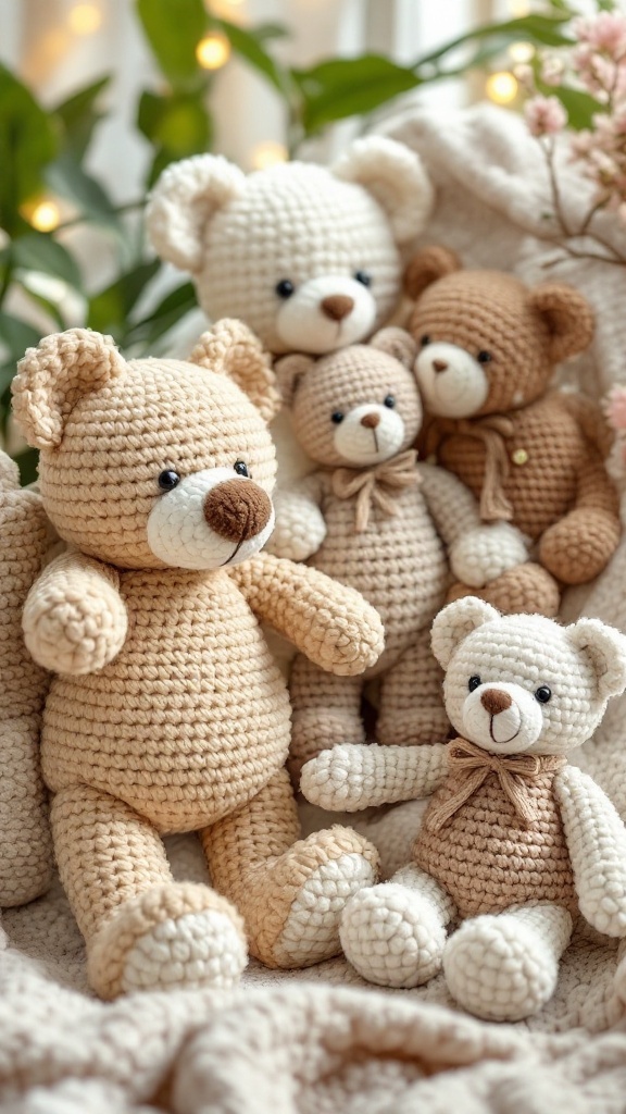 A collection of crochet teddy bears in various sizes and colors, arranged together.