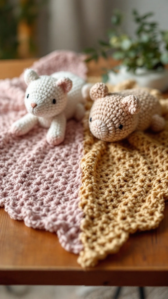 Crochet loveys in pink and yellow with cute animal heads