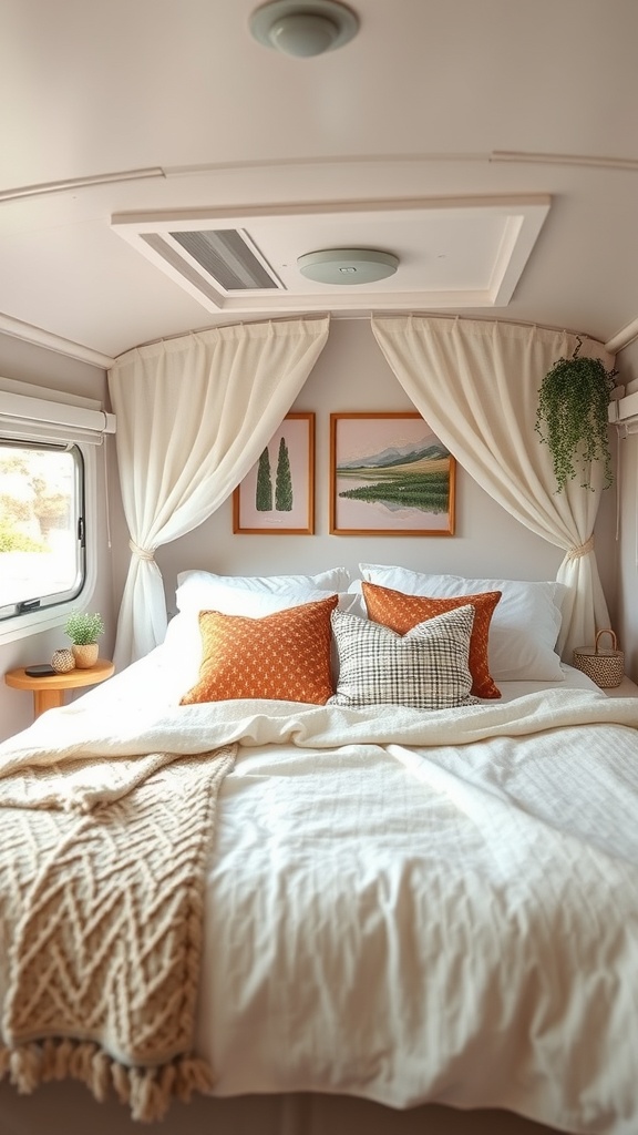 Cozy RV bedroom with soft bedding, decorative pillows, and framed artwork.