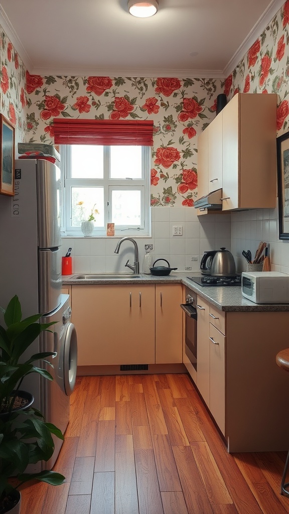 A cozy apartment kitchen with floral wallpaper, wooden flooring, and modern appliances.