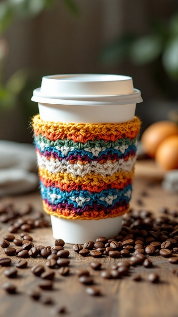 Colorful crochet coffee cup sleeve on a coffee cup surrounded by coffee beans